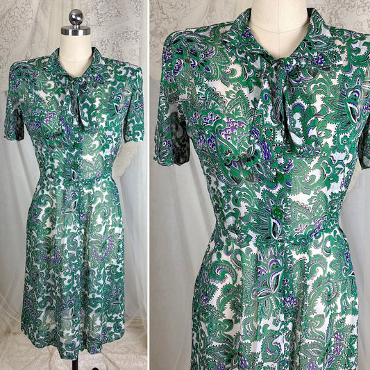 Vintage 1940's Sheer White Rayon Shirtwaist Dress with Bold Green & Purple Paisley Print - Rare Plastic Zipper - Size XS, S - Daggers & Dames