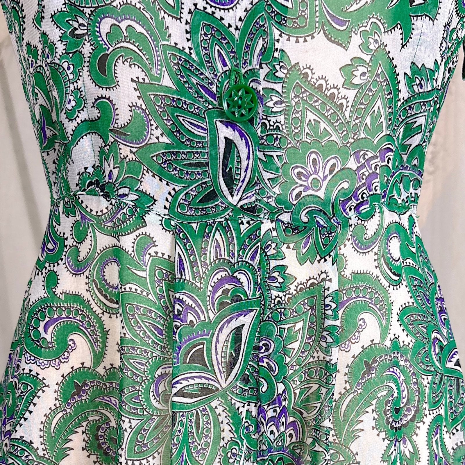 Vintage 1940's Sheer White Rayon Shirtwaist Dress with Bold Green & Purple Paisley Print - Rare Plastic Zipper - Size XS, S - Daggers & Dames