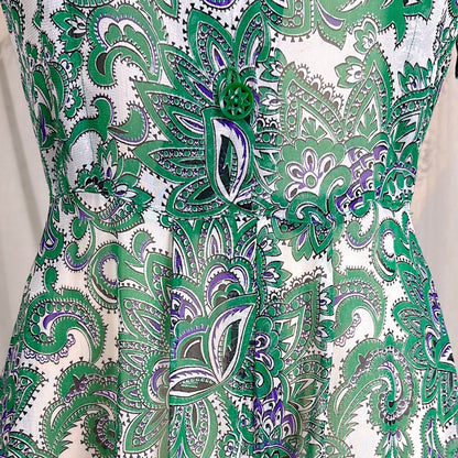 Vintage 1940's Sheer White Rayon Shirtwaist Dress with Bold Green & Purple Paisley Print - Rare Plastic Zipper - Size XS, S - Daggers & Dames