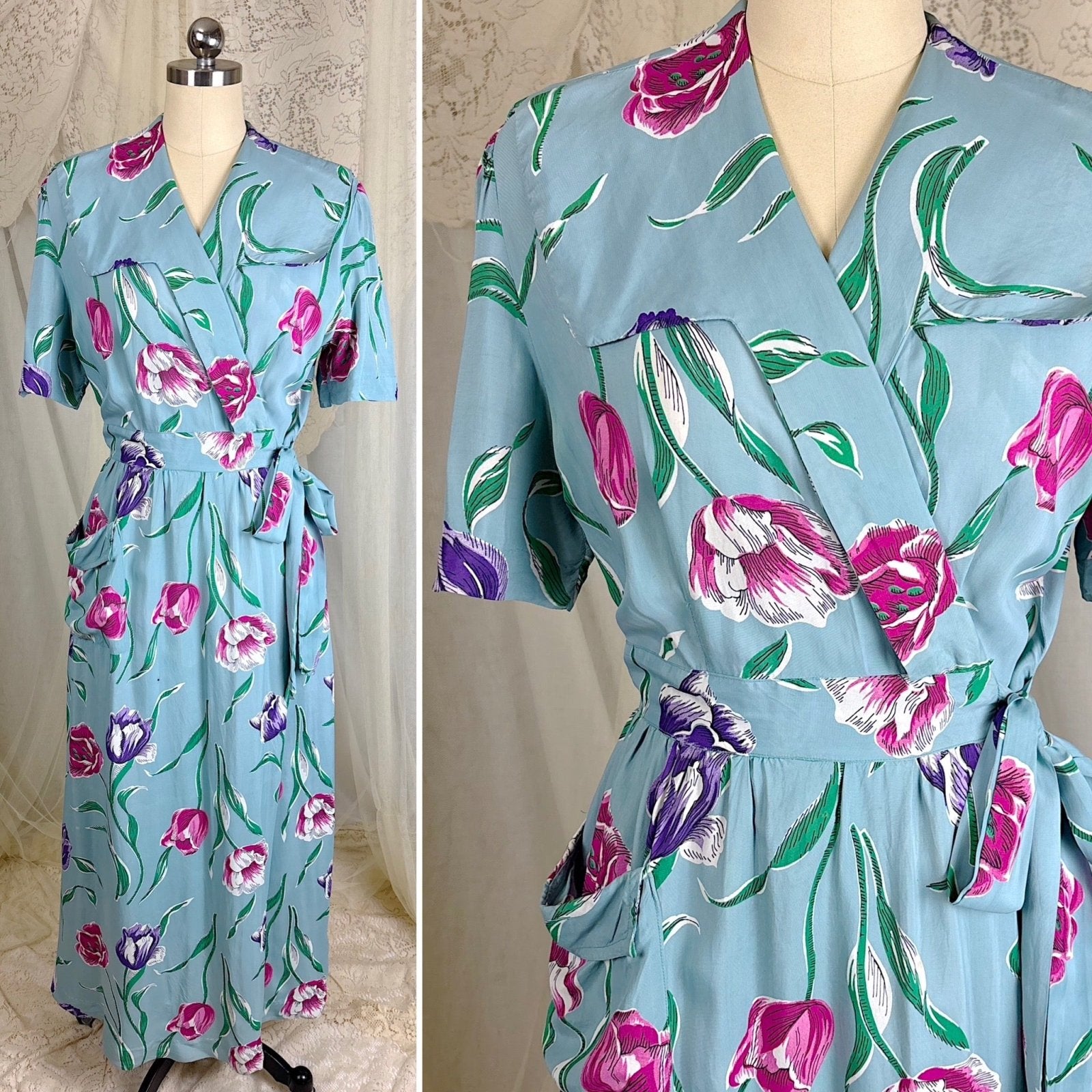 Vintage 1940's Sky Blue Rayon Dressing Gown with Bold Tulip Print - By Vali Fashion, Size S, M - Daggers & Dames