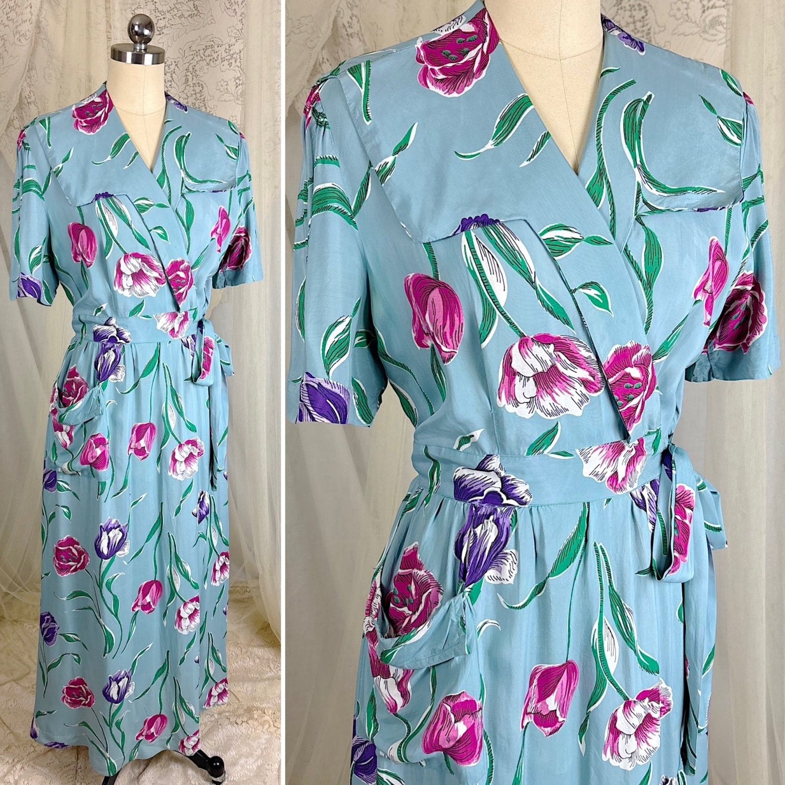 Vintage 1940's Sky Blue Rayon Dressing Gown with Bold Tulip Print - By Vali Fashion, Size S, M - Daggers & Dames