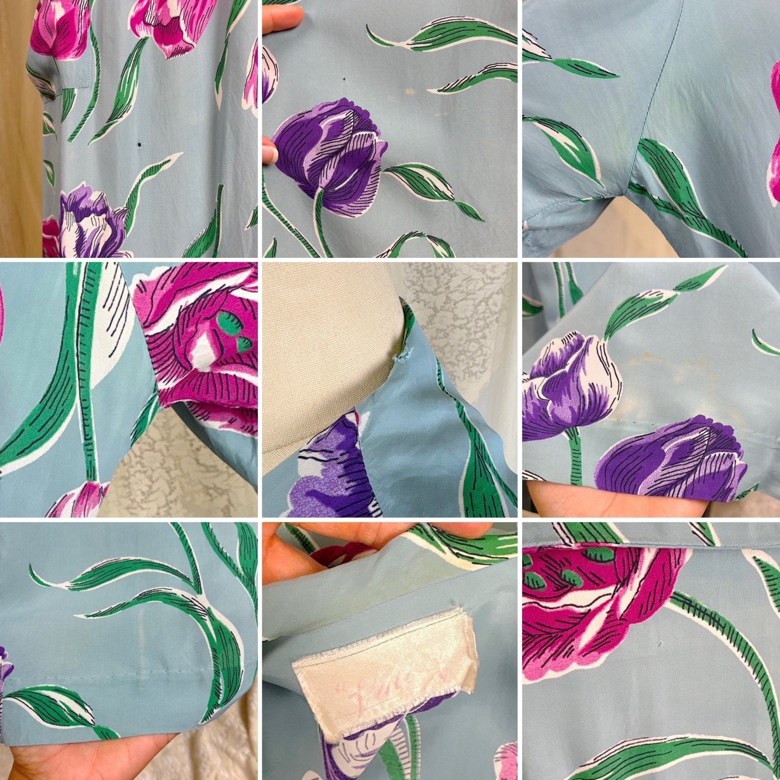 Vintage 1940's Sky Blue Rayon Dressing Gown with Bold Tulip Print - By Vali Fashion, Size S, M - Daggers & Dames