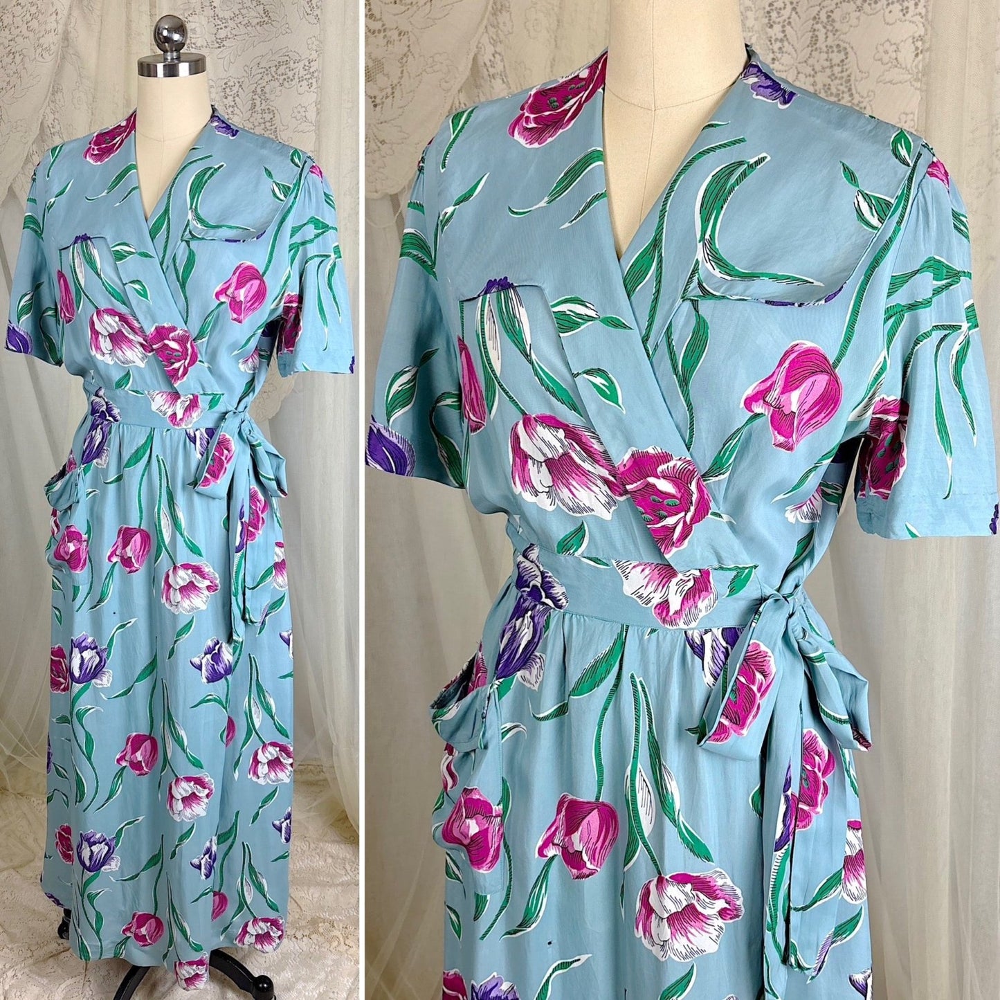 Vintage 1940's Sky Blue Rayon Dressing Gown with Bold Tulip Print - By Vali Fashion, Size S, M - Daggers & Dames