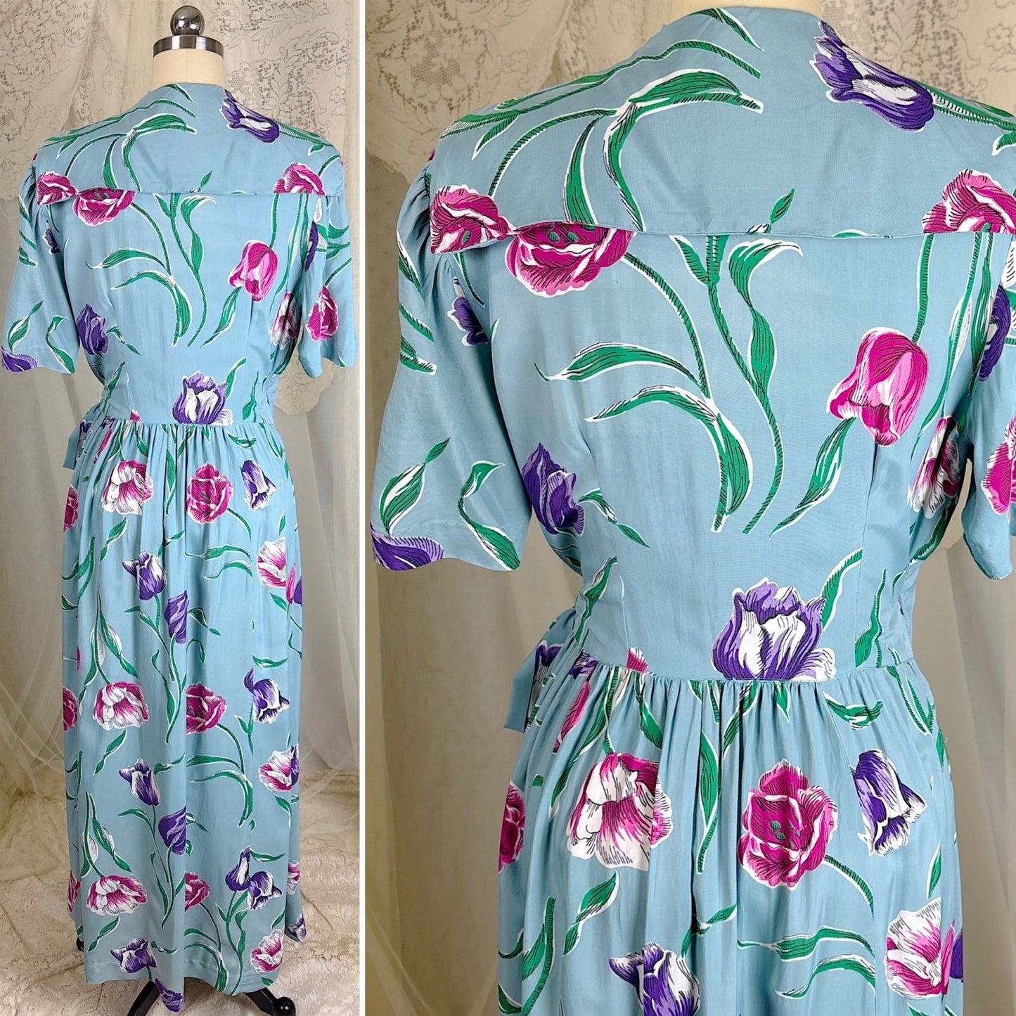 Vintage 1940's Sky Blue Rayon Dressing Gown with Bold Tulip Print - By Vali Fashion, Size S, M - Daggers & Dames