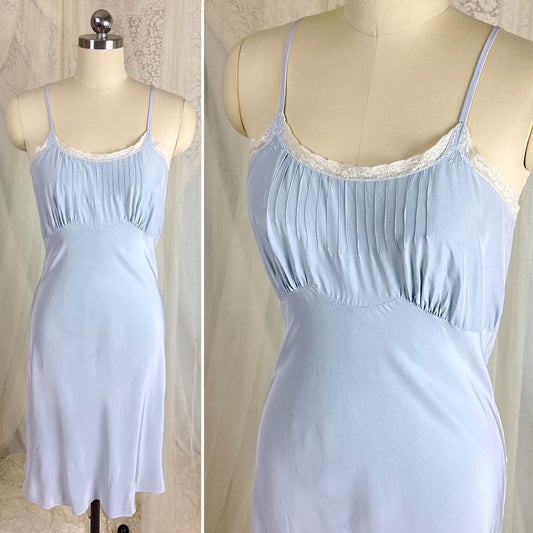Vintage 1940's Slip - Cornflower Blue Rayon with Tulip Embroidery & Pin - tuck Detail - Size XS, S - By Dwalyne - Daggers & Dames