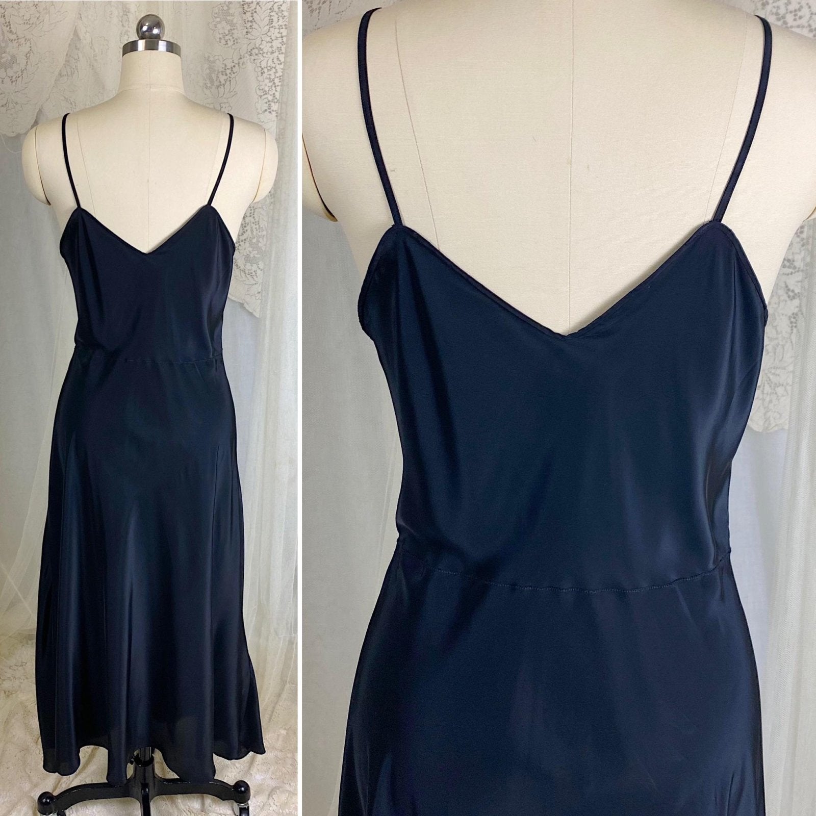 Vintage 1940's Slip - Inky Black Rayon with Satin Bow & Floral Appliqués - Size LG, XLG - By Hard Look - New with Tag - Daggers & Dames