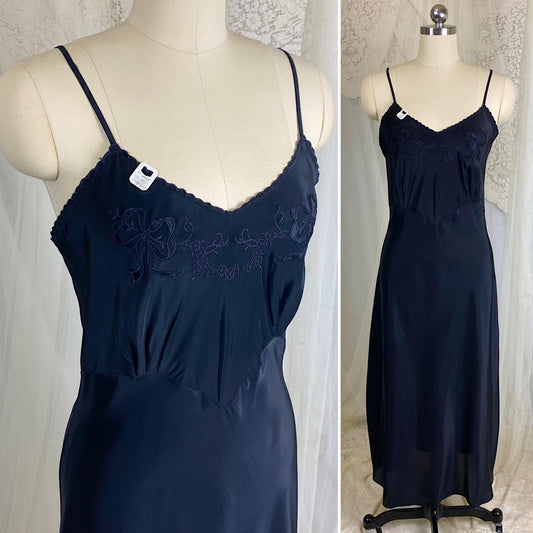 Vintage 1940's Slip - Inky Black Rayon with Satin Bow & Floral Appliqués - Size LG, XLG - By Hard Look - New with Tag - Daggers & Dames