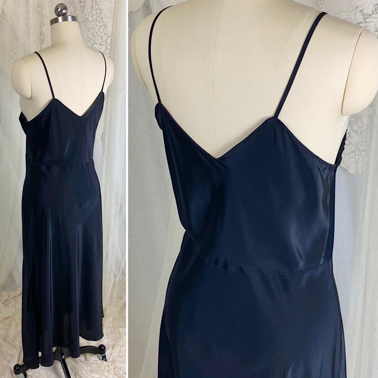 Vintage 1940's Slip - Inky Black Rayon with Satin Bow & Floral Appliqués - Size LG, XLG - By Hard Look - New with Tag - Daggers & Dames