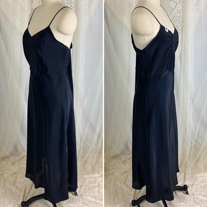 Vintage 1940's Slip - Inky Black Rayon with Satin Bow & Floral Appliqués - Size LG, XLG - By Hard Look - New with Tag - Daggers & Dames