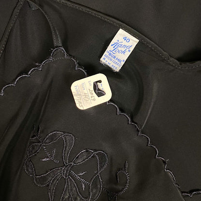 Vintage 1940's Slip - Inky Black Rayon with Satin Bow & Floral Appliqués - Size LG, XLG - By Hard Look - New with Tag - Daggers & Dames