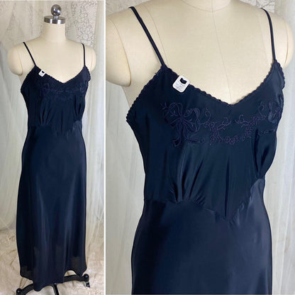 Vintage 1940's Slip - Inky Black Rayon with Satin Bow & Floral Appliqués - Size LG, XLG - By Hard Look - New with Tag - Daggers & Dames