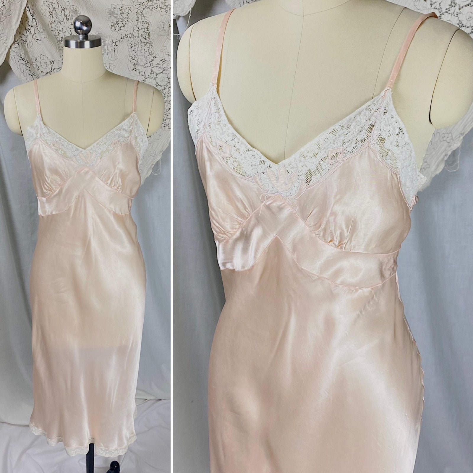 Vintage 1940's Slip | Light Rose Pink Rayon Satin with Cream Cotton Lace | Size XS, S | By La Courelle - Daggers & Dames