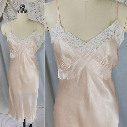 Vintage 1940's Slip | Light Rose Pink Rayon Satin with Cream Cotton Lace | Size XS, S | By La Courelle - Daggers & Dames