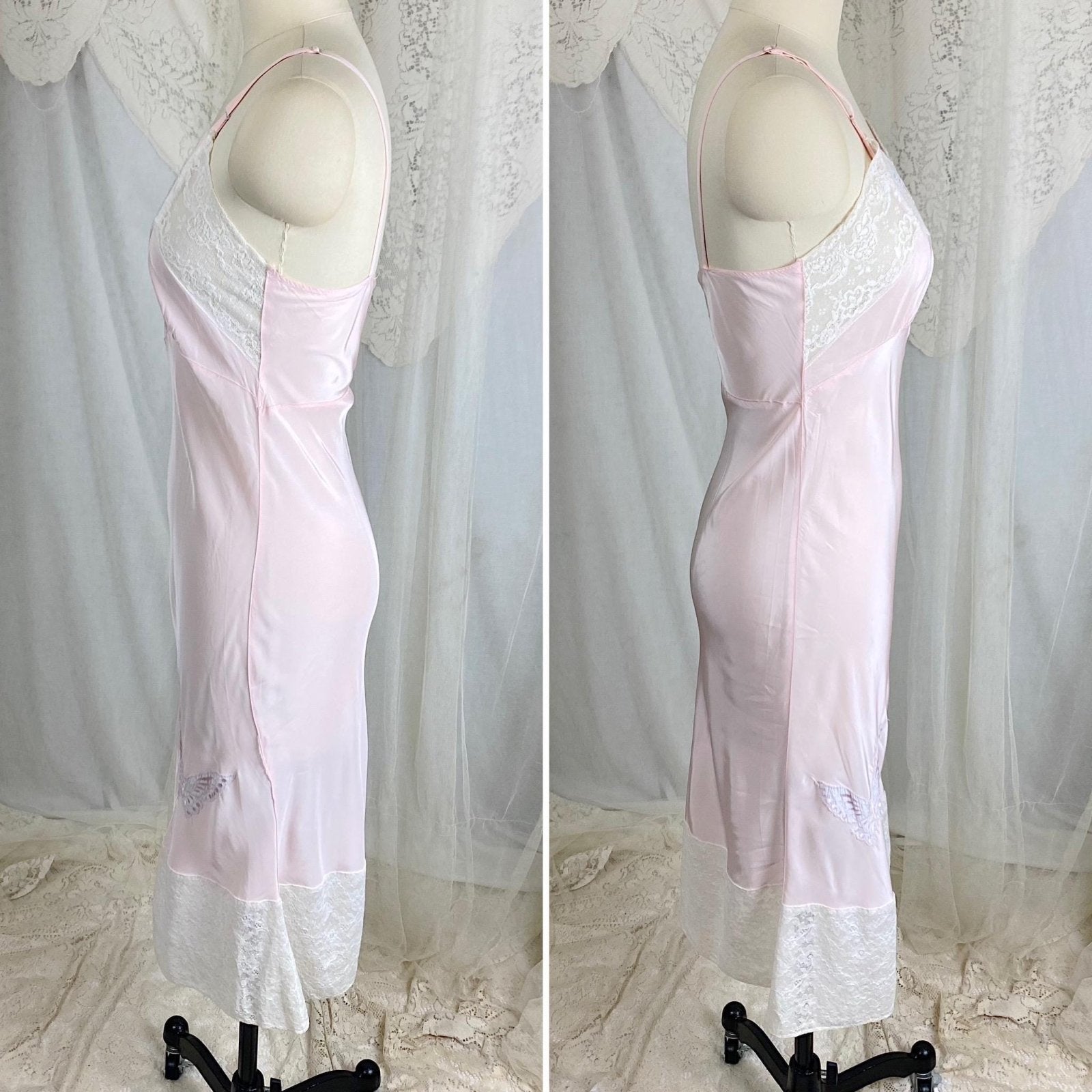 Vintage 1940's Slip - Pastel Pink Rayon with Baby Blue Butterfly Appliques & White Cotton Lace - Size S, M - By Triangle - Daggers & Dames