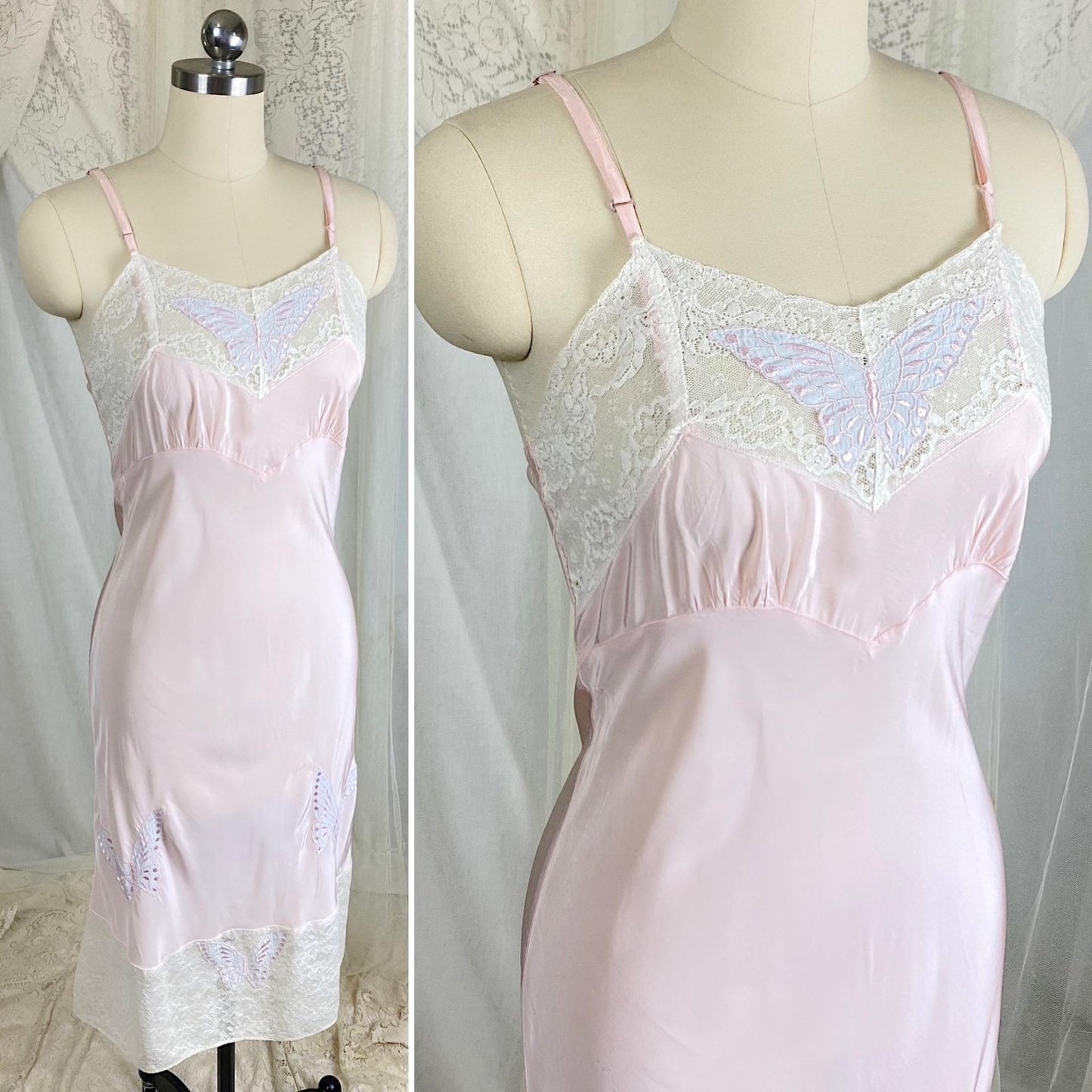 Vintage 1940's Slip - Pastel Pink Rayon with Baby Blue Butterfly Appliques & White Cotton Lace - Size S, M - By Triangle - Daggers & Dames