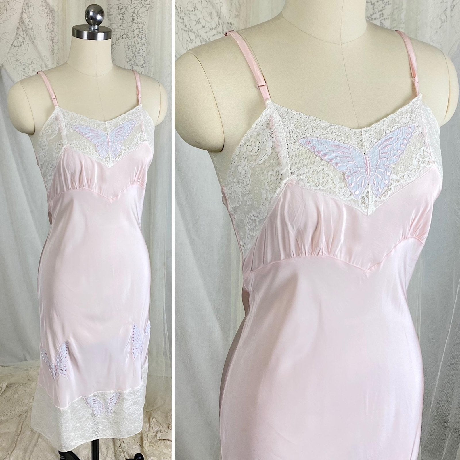 Vintage 1940's Slip - Pastel Pink Rayon with Baby Blue Butterfly Appliques & White Cotton Lace - Size S, M - By Triangle - Daggers & Dames