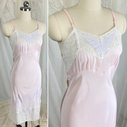 Vintage 1940's Slip - Pastel Pink Rayon with Baby Blue Butterfly Appliques & White Cotton Lace - Size S, M - By Triangle - Daggers & Dames