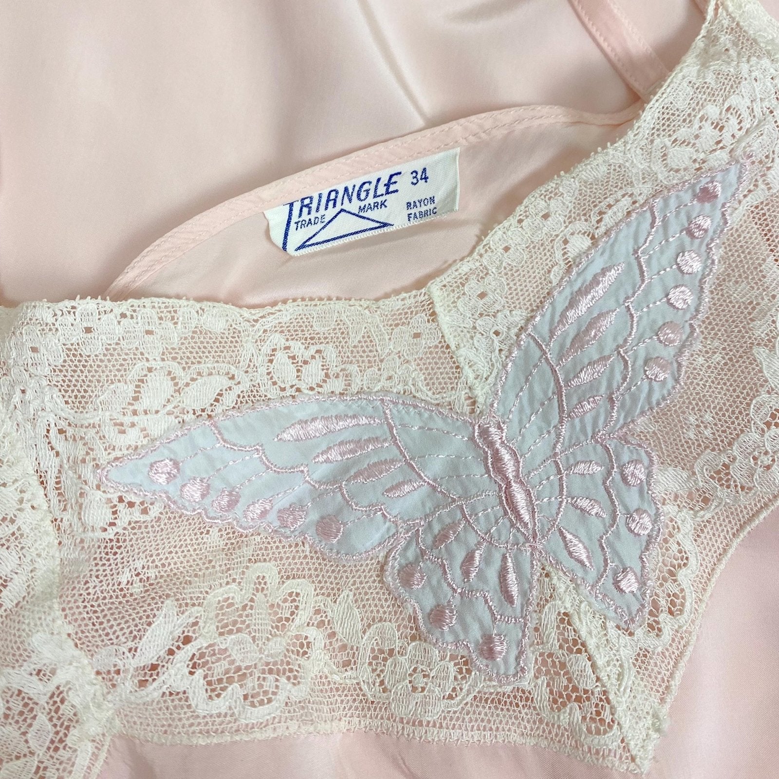 Vintage 1940's Slip - Pastel Pink Rayon with Baby Blue Butterfly Appliques & White Cotton Lace - Size S, M - By Triangle - Daggers & Dames