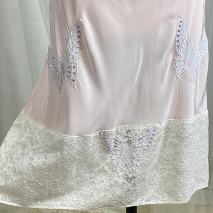 Vintage 1940's Slip - Pastel Pink Rayon with Baby Blue Butterfly Appliques & White Cotton Lace - Size S, M - By Triangle - Daggers & Dames
