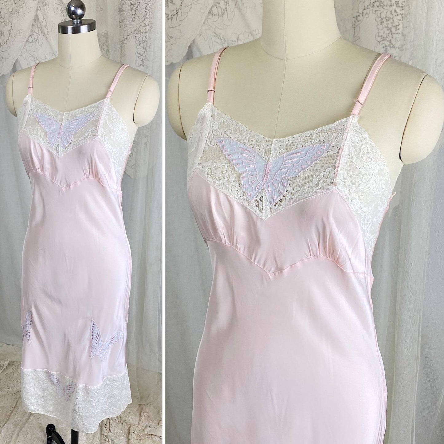 Vintage 1940's Slip - Pastel Pink Rayon with Baby Blue Butterfly Appliques & White Cotton Lace - Size S, M - By Triangle - Daggers & Dames