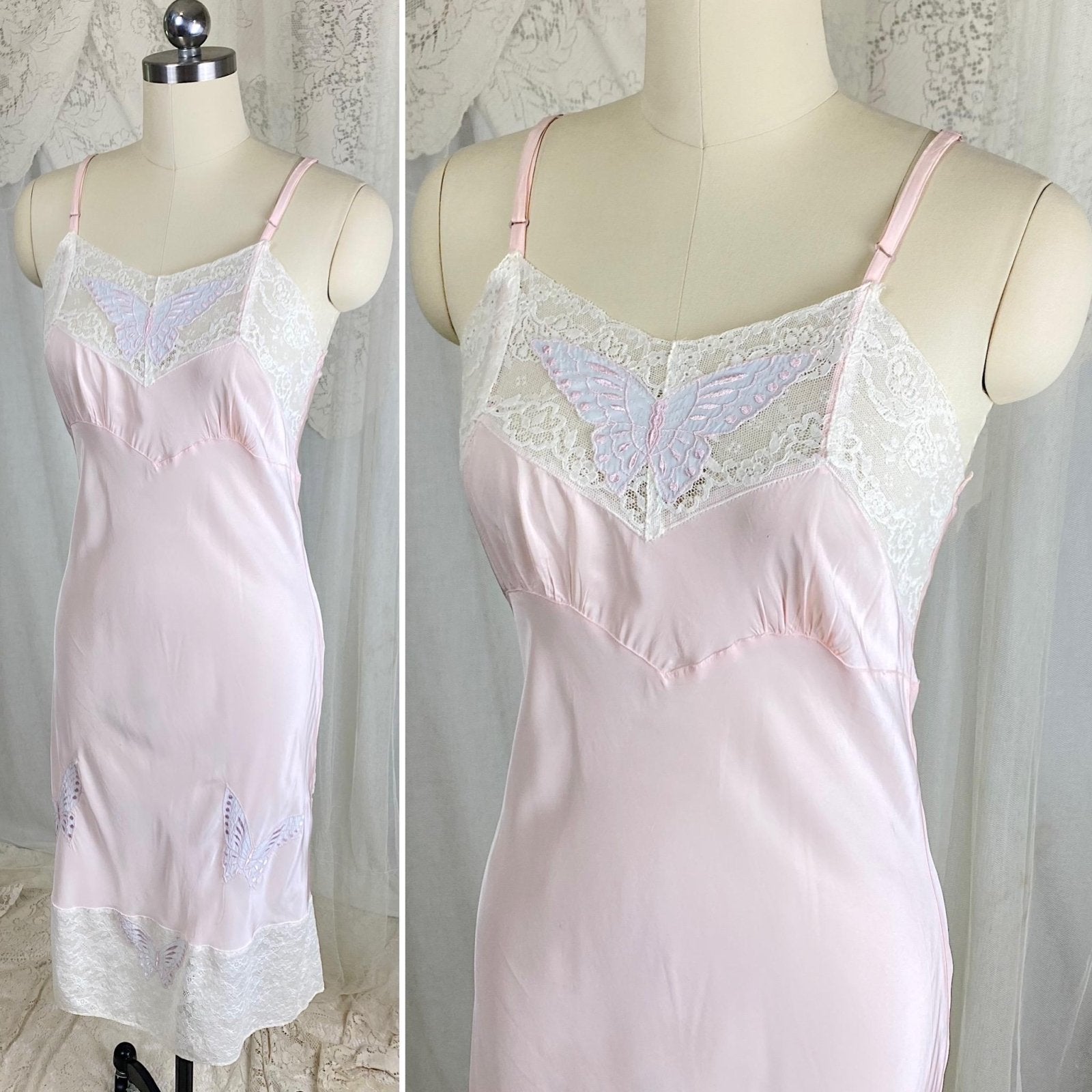 Vintage 1940's Slip - Pastel Pink Rayon with Baby Blue Butterfly Appliques & White Cotton Lace - Size S, M - By Triangle - Daggers & Dames