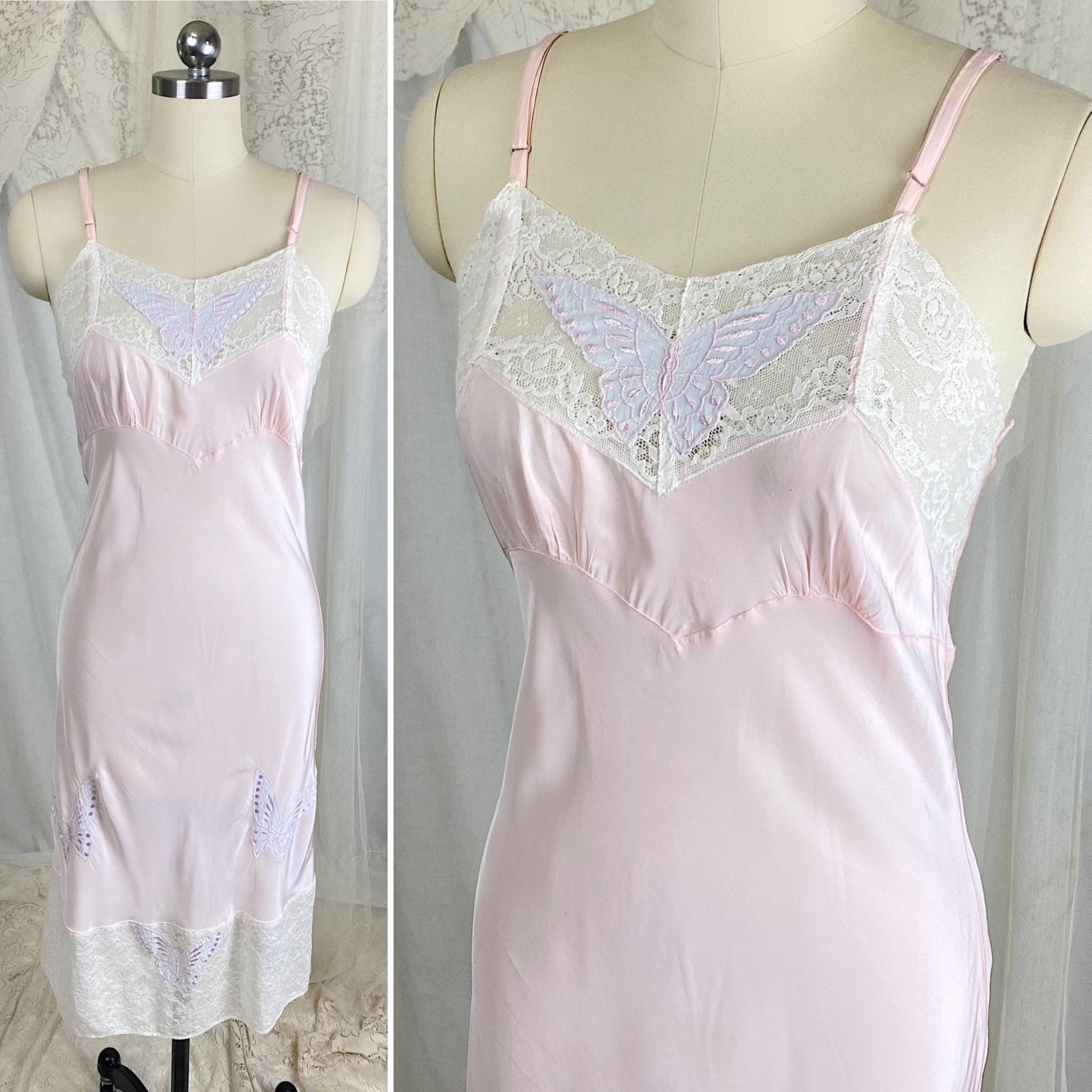 1940s pink slip, bias cut rayon slip, bridal lingerie, pink slip dress, butterfly applique, vintage chemise 