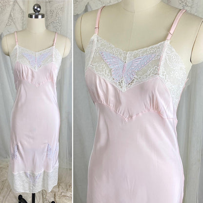 1940s pink slip, bias cut rayon slip, bridal lingerie, pink slip dress, butterfly applique, vintage chemise 