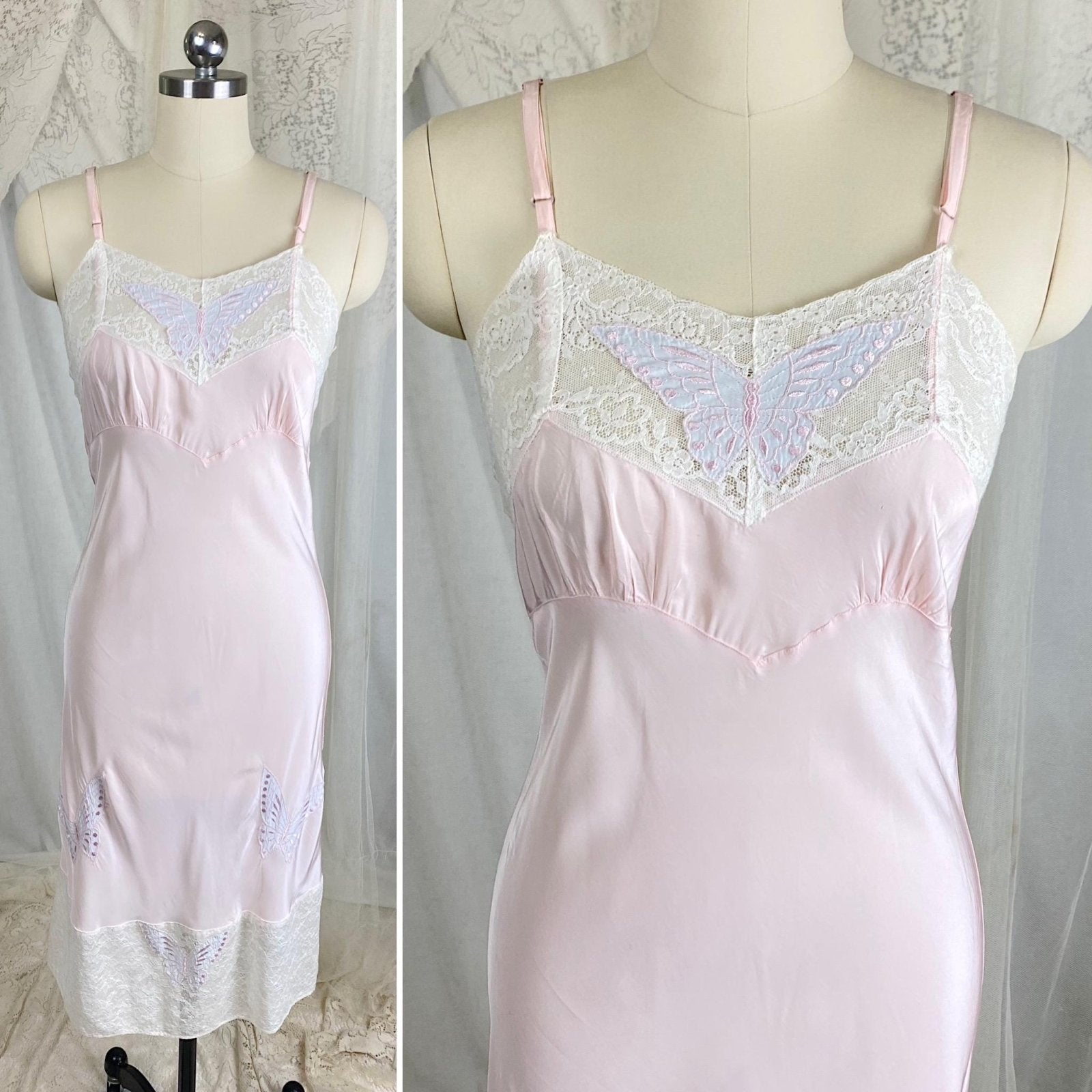 Vintage 1940's Slip - Pastel Pink Rayon with Baby Blue Butterfly Appliques & White Cotton Lace - Size S, M - By Triangle - Daggers & Dames