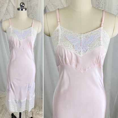 Vintage 1940's Slip - Pastel Pink Rayon with Baby Blue Butterfly Appliques & White Cotton Lace - Size S, M - By Triangle - Daggers & Dames