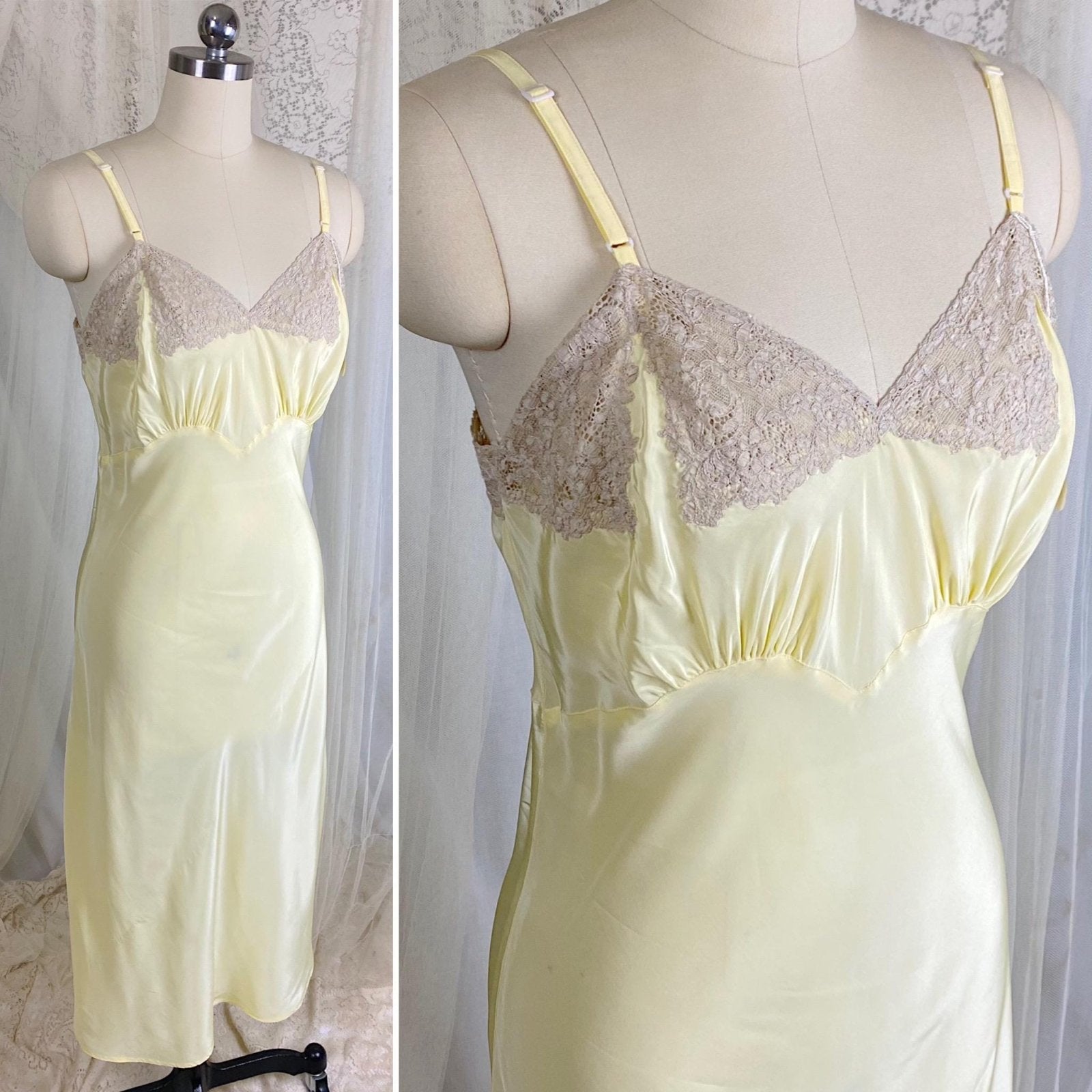 Vintage 1940's Slip - Pastel Yellow Rayon with Nude Cotton Lace - Size S, M - By Textron - New with Tags - Daggers & Dames