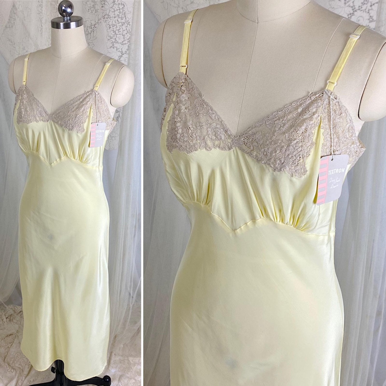 Vintage 1940's Slip - Pastel Yellow Rayon with Nude Cotton Lace - Size S, M - By Textron - New with Tags - Daggers & Dames