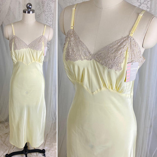 Vintage 1940's Slip - Pastel Yellow Rayon with Nude Cotton Lace - Size S, M - By Textron - New with Tags - Daggers & Dames