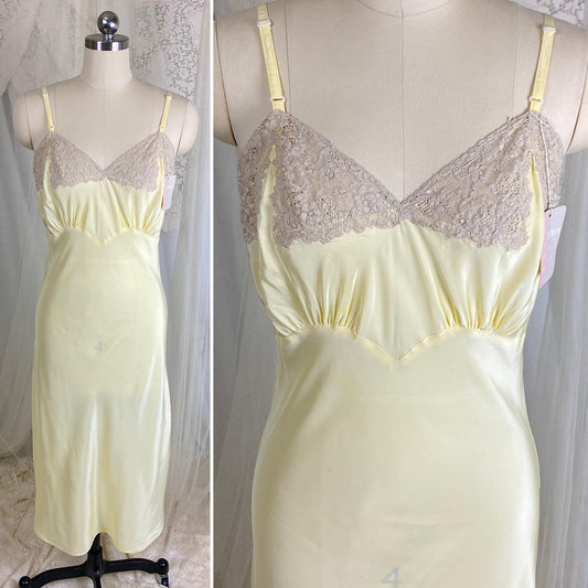 Vintage 1940's Slip - Pastel Yellow Rayon with Nude Cotton Lace - Size S, M - By Textron - New with Tags - Daggers & Dames