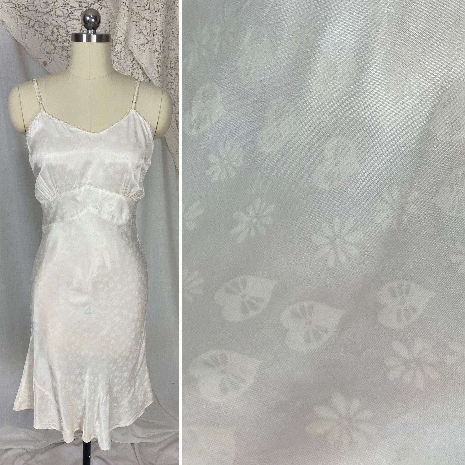 Vintage 1940's Slip | Pearly White Rayon Satin with Hearts & Flowers Damask Pattern | Multiple Sizes - XS, S/M, LG/XL | Never Worn - Daggers & Dames