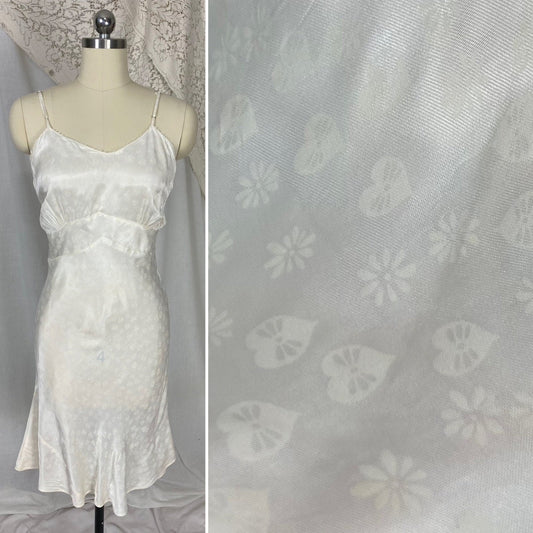 Vintage 1940's Slip | Pearly White Rayon Satin with Hearts & Flowers Damask Pattern | Multiple Sizes - XS, S/M, LG/XL | Never Worn - Daggers & Dames