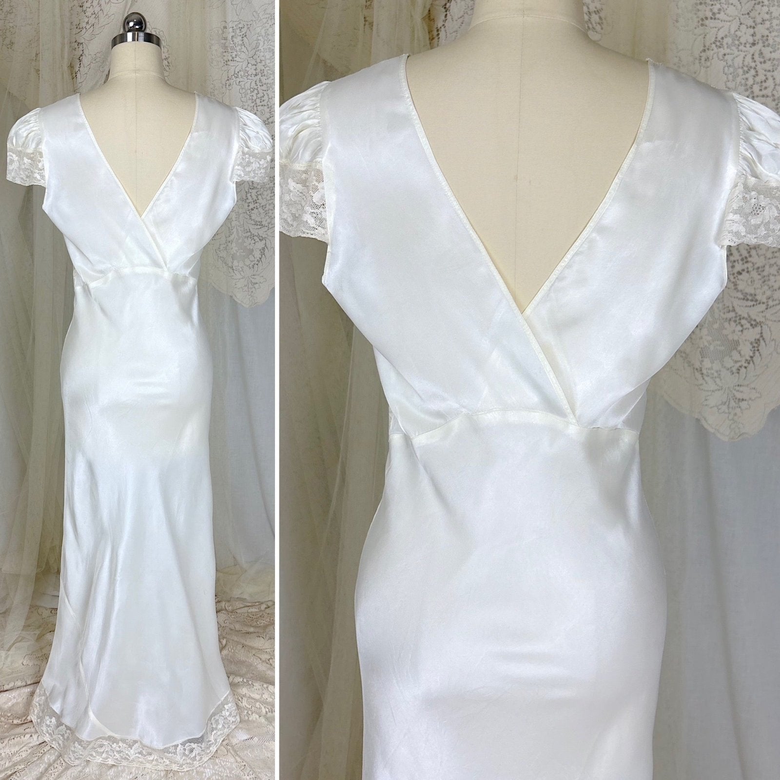 Vintage 1940's Soft White Rayon Satin Nightgown with Capped Sleeves, size S - Daggers & Dames