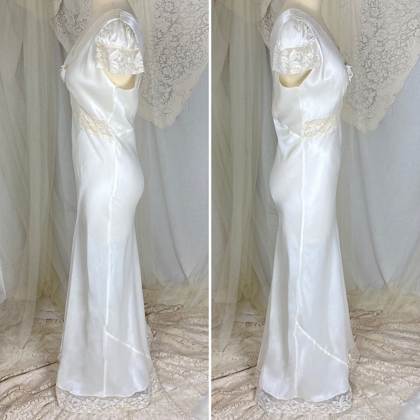 Vintage 1940's Soft White Rayon Satin Nightgown with Capped Sleeves, size S - Daggers & Dames