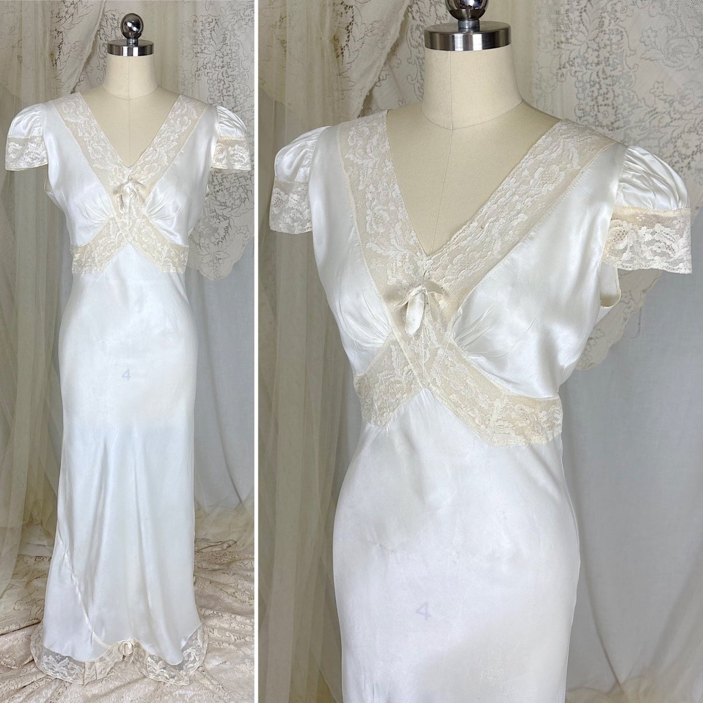 Vintage 1940's Soft White Rayon Satin Nightgown with Capped Sleeves, size S - Daggers & Dames
