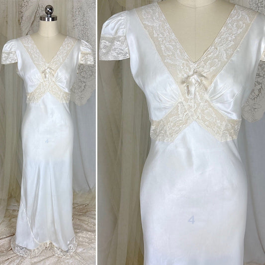 Vintage 1940's Soft White Rayon Satin Nightgown with Capped Sleeves, size S - Daggers & Dames