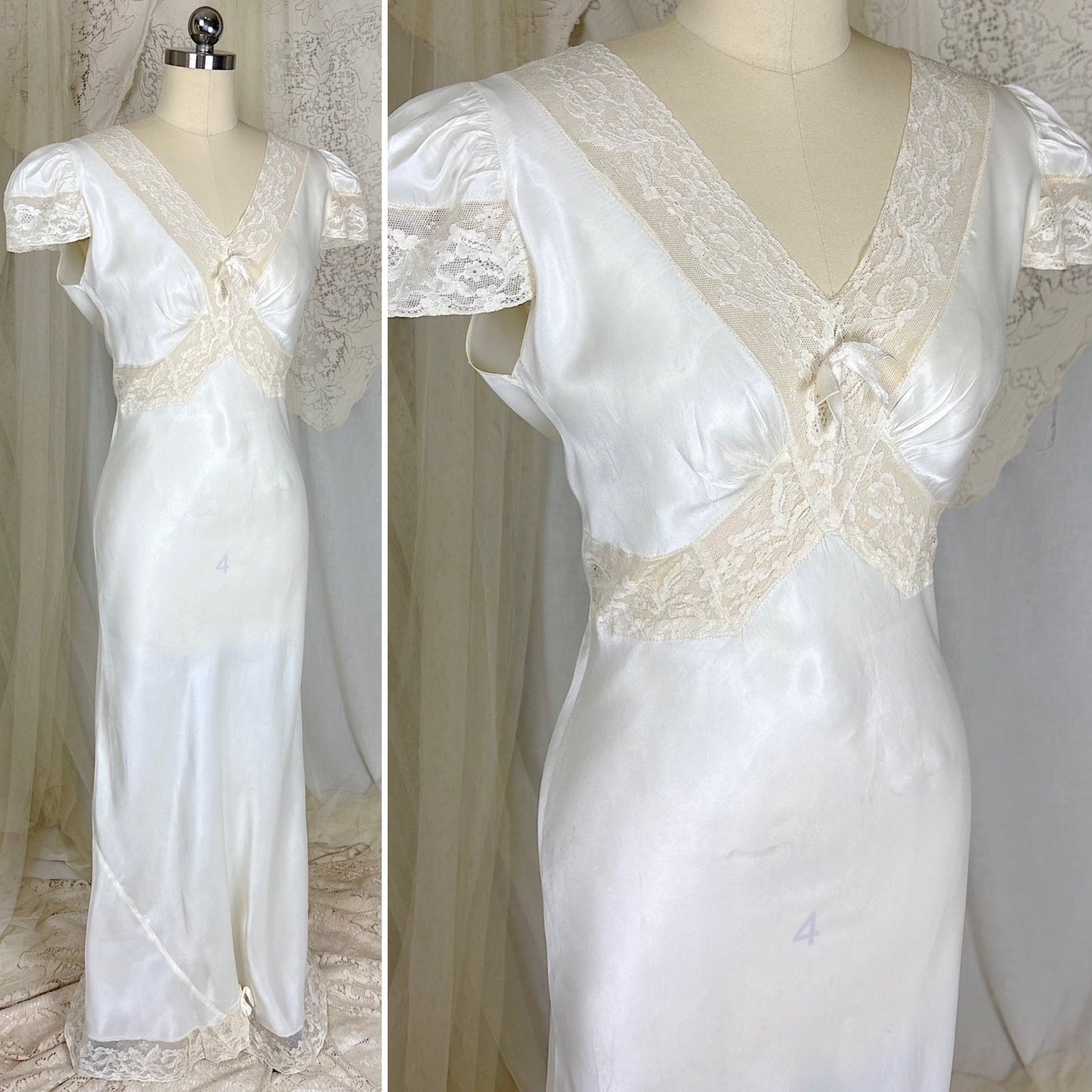 Vintage 1940's Soft White Rayon Satin Nightgown with Capped Sleeves, size S - Daggers & Dames