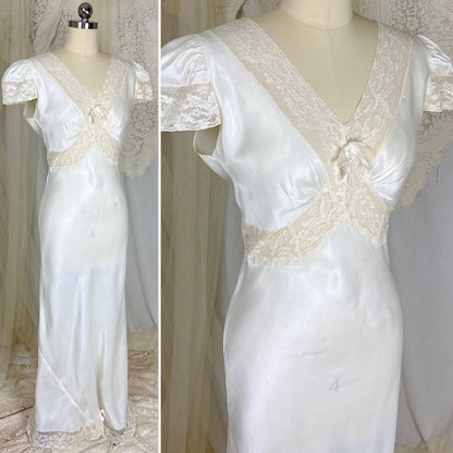 Vintage 1940's Soft White Rayon Satin Nightgown with Capped Sleeves, size S - Daggers & Dames
