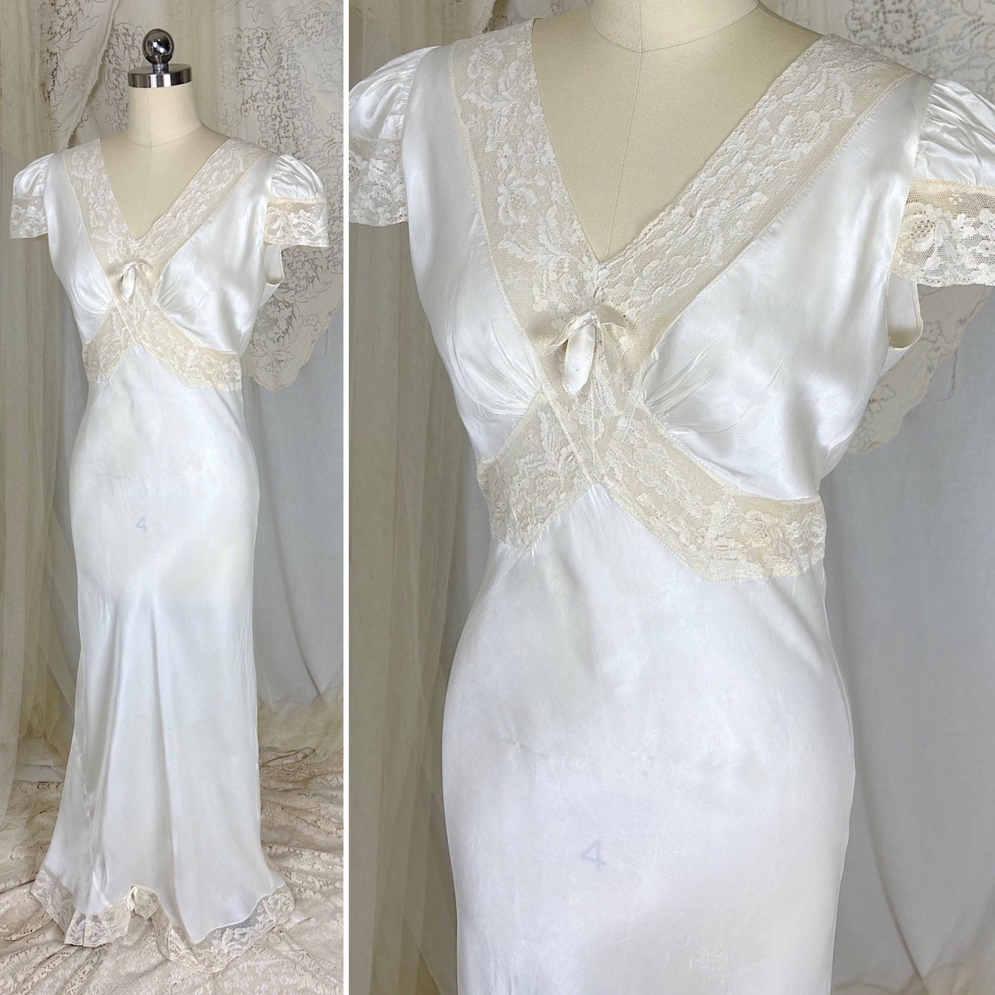 Vintage 1940's Soft White Rayon Satin Nightgown with Capped Sleeves, size S - Daggers & Dames