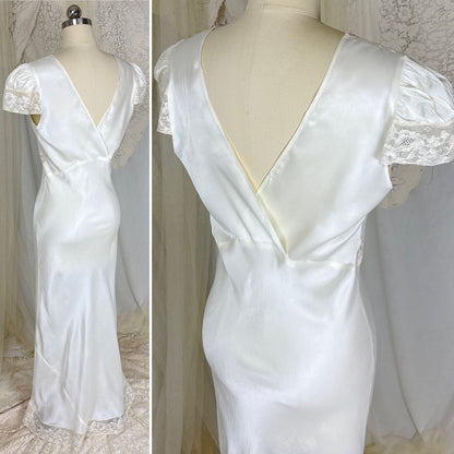 Vintage 1940's Soft White Rayon Satin Nightgown with Capped Sleeves, size S - Daggers & Dames