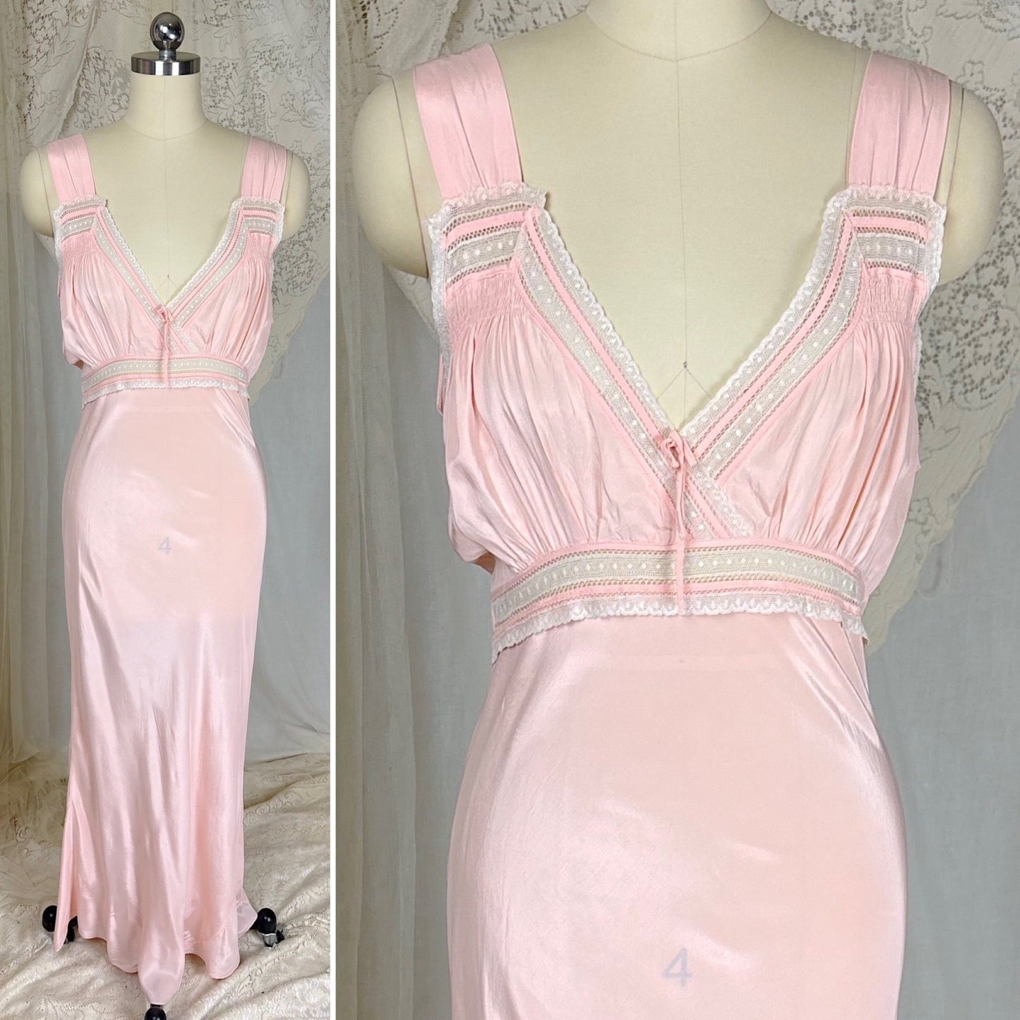 Vintage 1940's Tea Rose Pink Rayon Crepe de Chine Nightgown with Swiss Dot Lace, size XS, S - Daggers & Dames