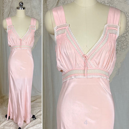 Vintage 1940's Tea Rose Pink Rayon Crepe de Chine Nightgown with Swiss Dot Lace, size XS, S - Daggers & Dames