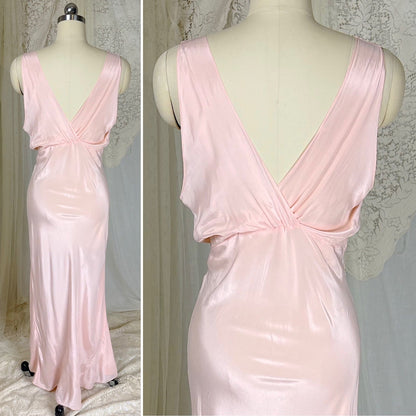 Vintage 1940's Tea Rose Pink Rayon Crepe de Chine Nightgown with Swiss Dot Lace, size XS, S - Daggers & Dames