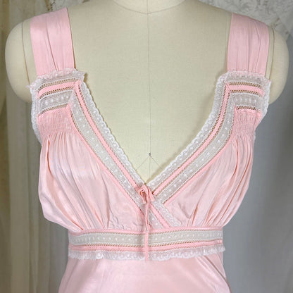 Vintage 1940's Tea Rose Pink Rayon Crepe de Chine Nightgown with Swiss Dot Lace, size XS, S - Daggers & Dames