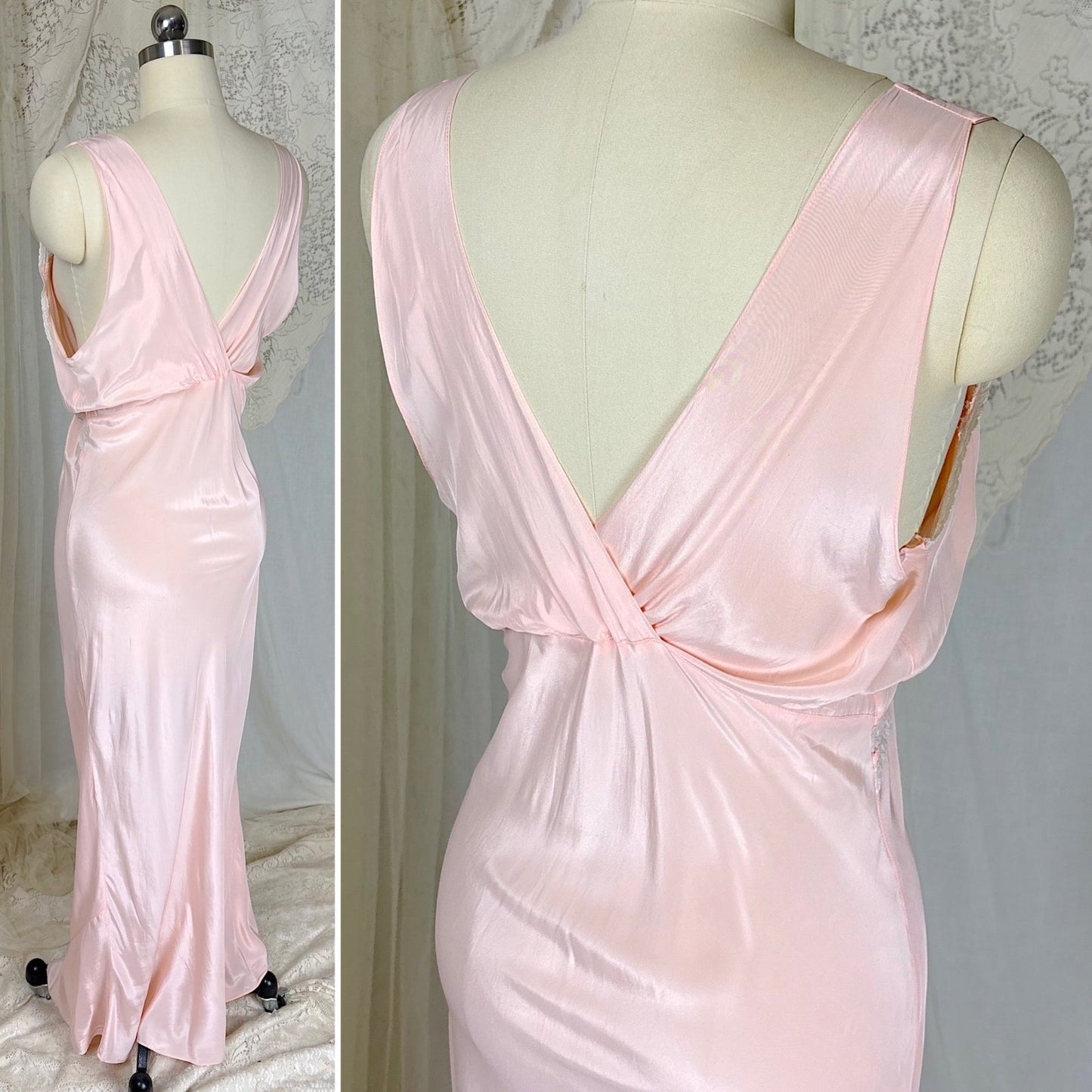 Vintage 1940's Tea Rose Pink Rayon Crepe de Chine Nightgown with Swiss Dot Lace, size XS, S - Daggers & Dames