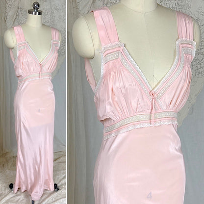 Vintage 1940's Tea Rose Pink Rayon Crepe de Chine Nightgown with Swiss Dot Lace, size XS, S - Daggers & Dames