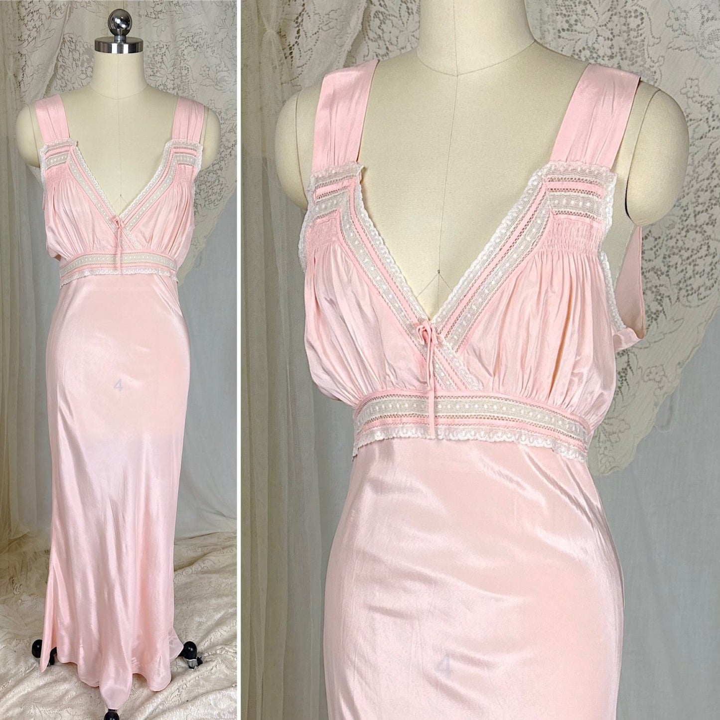 Vintage 1940's Tea Rose Pink Rayon Crepe de Chine Nightgown with Swiss Dot Lace, size XS, S - Daggers & Dames